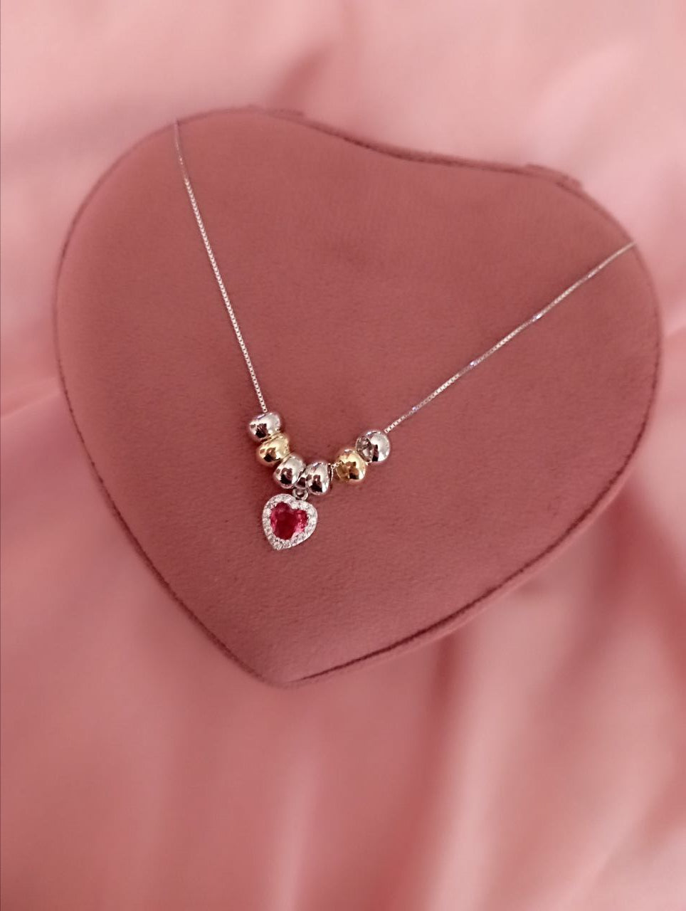 Collana cuore rosso e perline    - argento 925 mix gold e silver