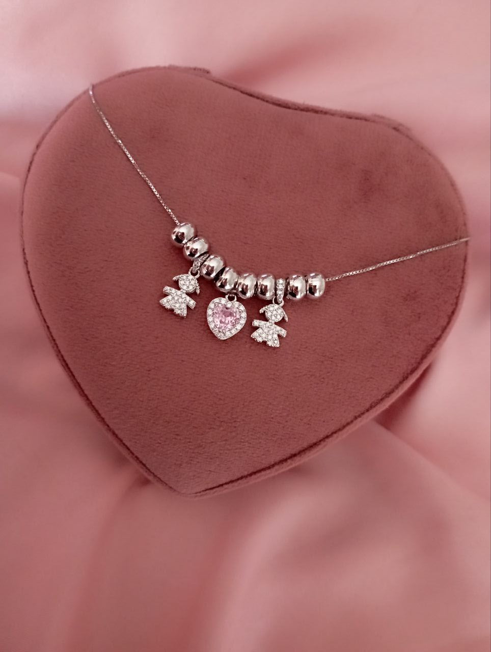 Collana bimba cuore rosa bimba pendenti con ciambelline     - argento 925