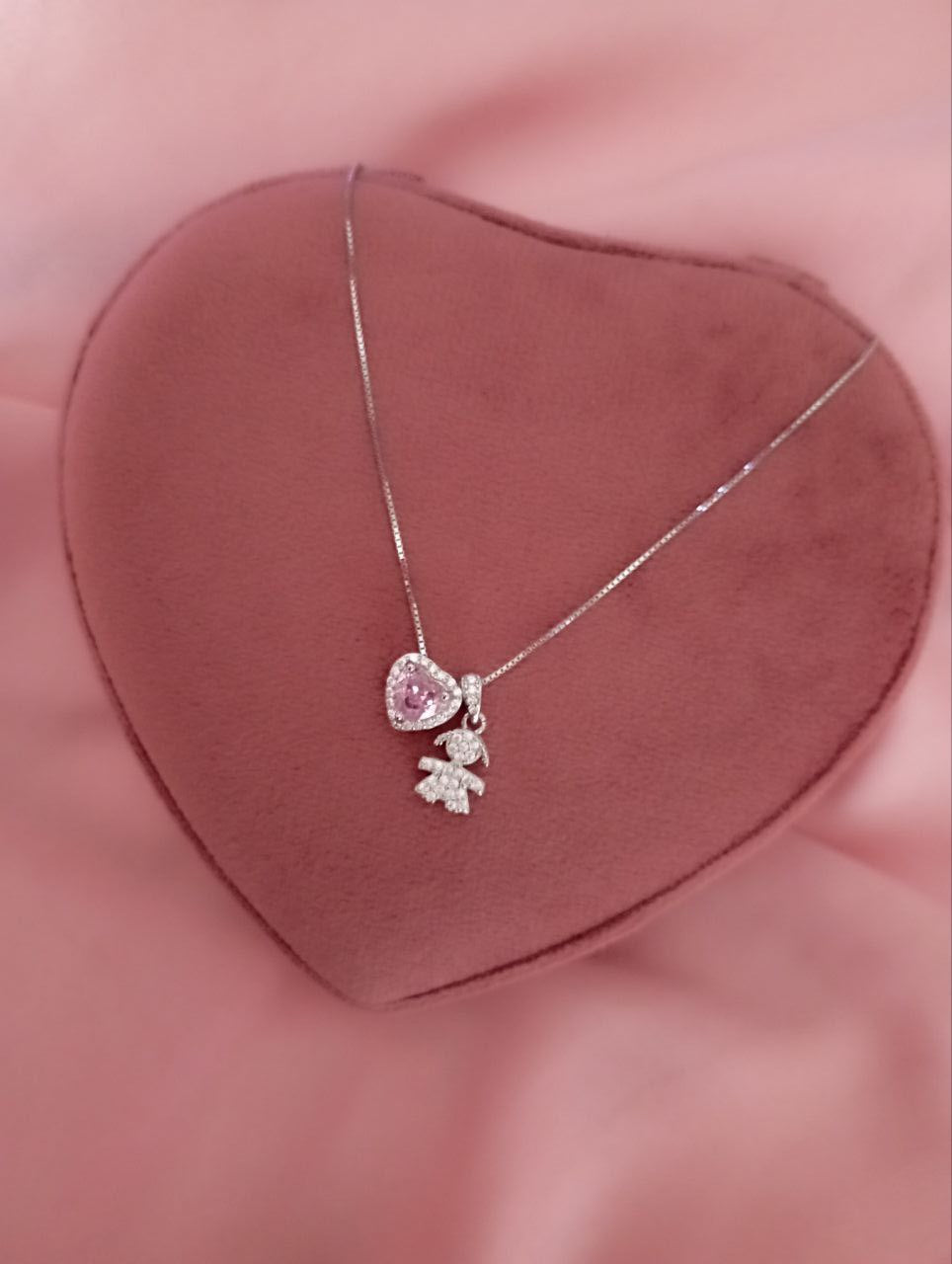 Collana bimba pendente e cuore rosa passante      - argento 925