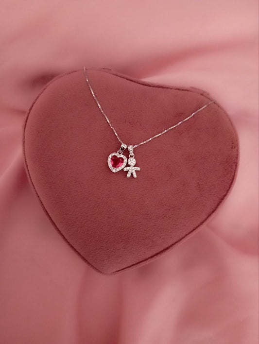 Collana bimbo e cuore rosso pendente    - argento 925