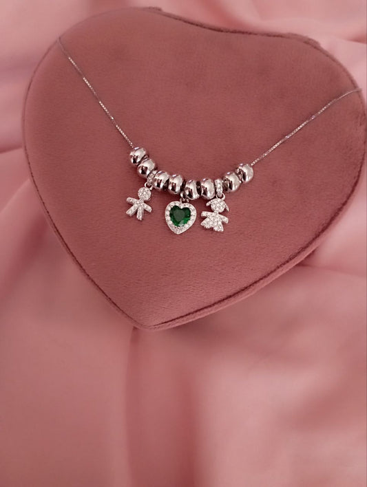 Collana bimbo cuore verde bimba pendenti con ciambelline     - argento 925