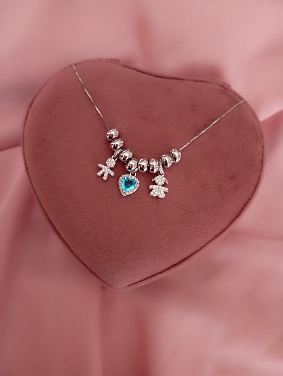 Collana bimbo cuore azzurro bimba pendenti con ciambelline     - argento 925