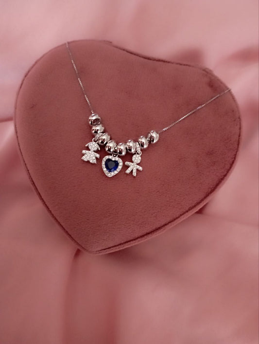 Collana bimbo cuore blu bimba pendenti con ciambelline     - argento 925