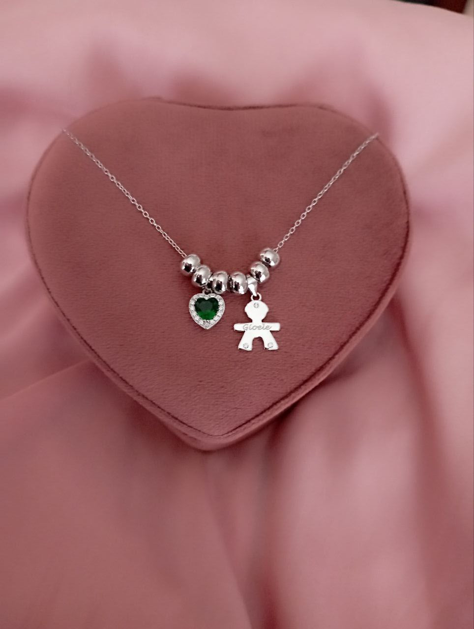 Collana con bimbo personalizato,cuore pendente e ciambelline  - argento 925