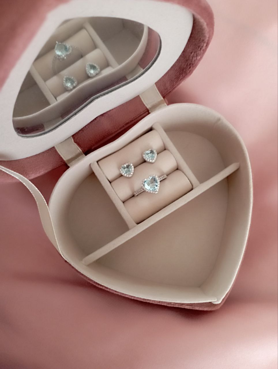 Set con orecchini cuore acquamarina  e anello  cuore acquamarina  - argento 925