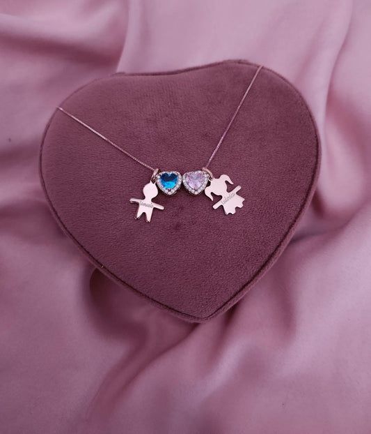 Collana con bimbo personalizzato + cuore azzurro passante + cuore rosa passante + bimba personalizzato - argento 925 ROSè