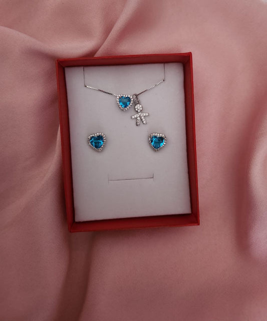 SET: collana bimbo e cuore azzurro passante + orecchini azzurri    - argento 925