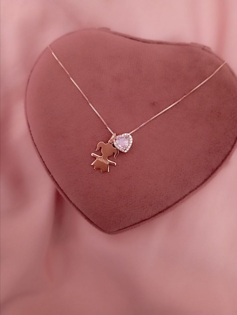 Collana bimba personalizzata rosè con cuore rosa rosè passante     - argento 925rosè