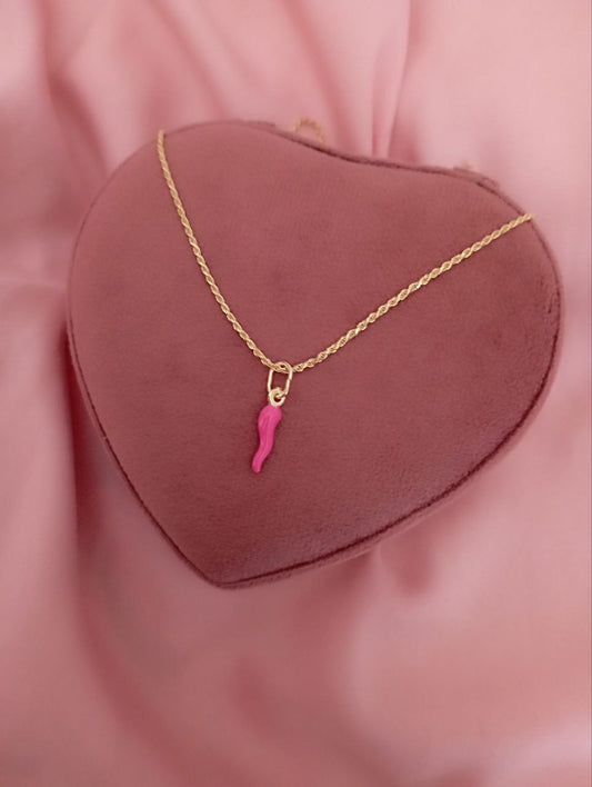 Collana torchon gold con corno fucsia - argento 925 gold