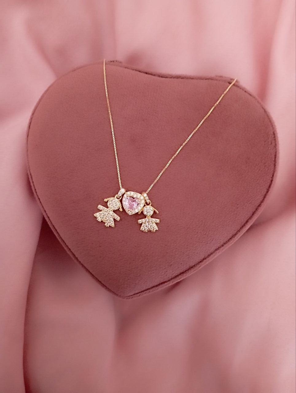 Collana con bimbe e cuore rosa passante     - argento 925 GOLD