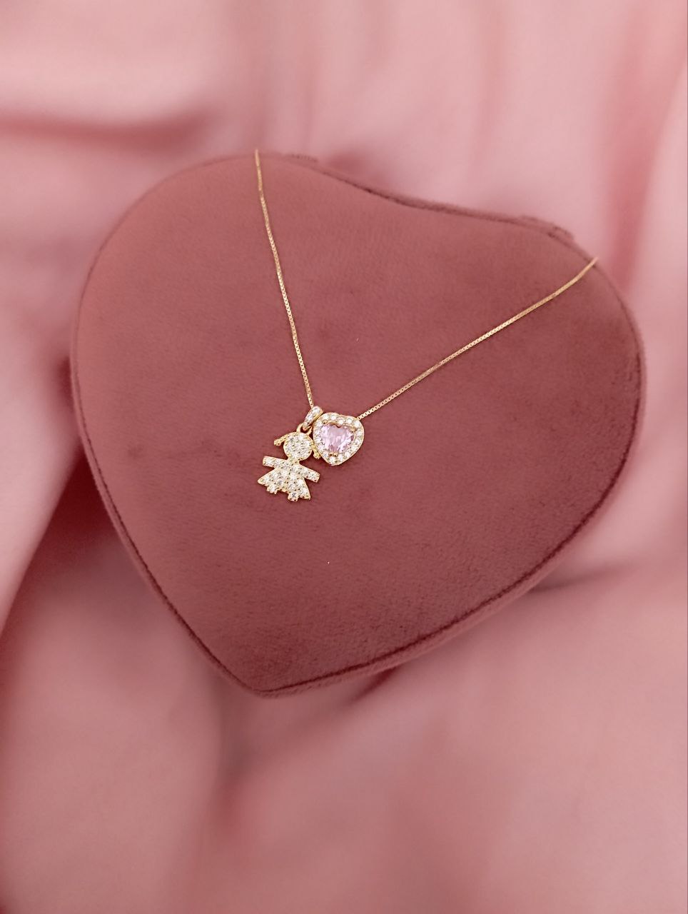 Collana con bimbe e cuore rosa passante     - argento 925 GOLD